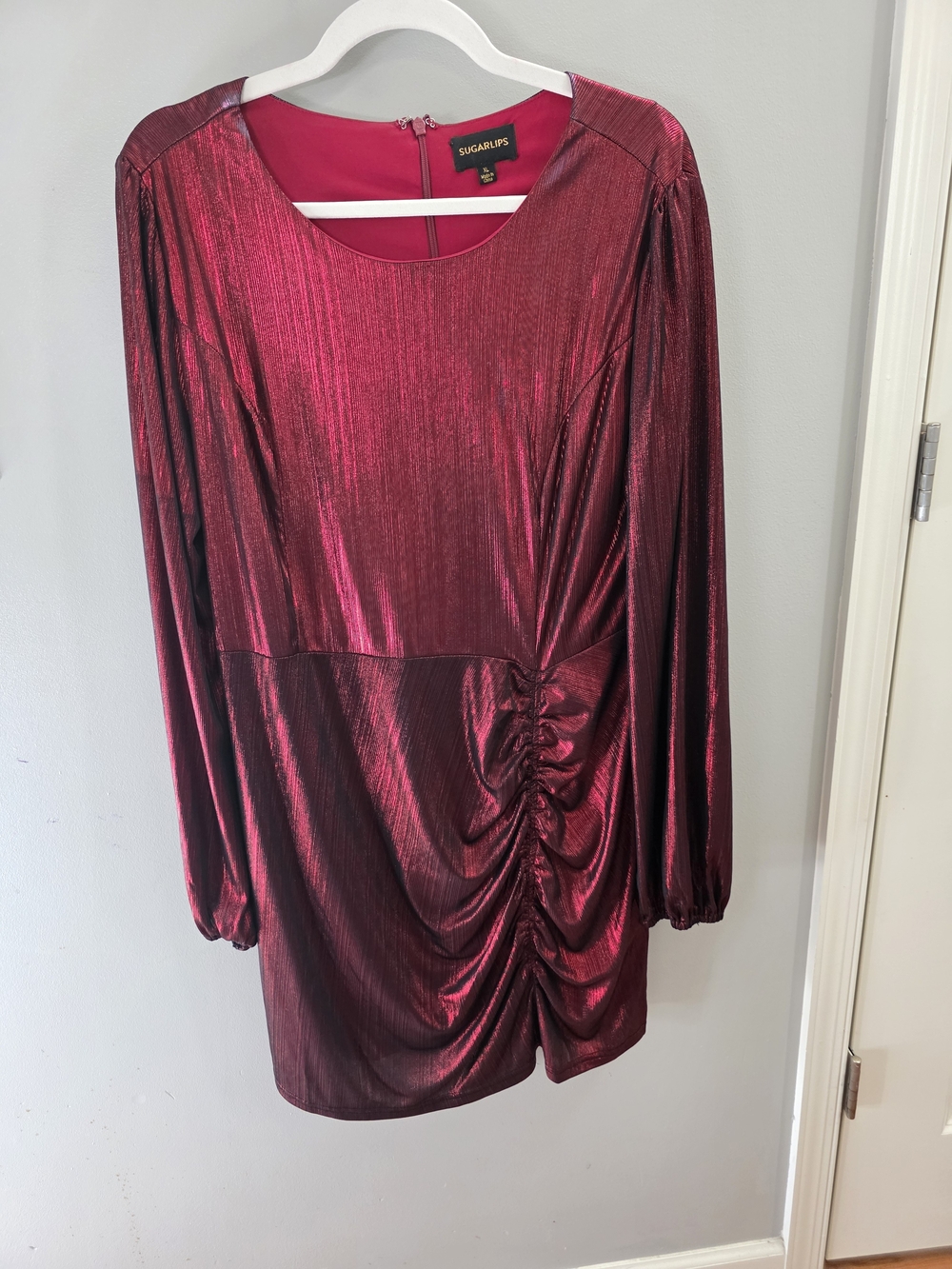 Sugarlips Metallic Ruched Long-Sleeve Mini Dress - Burgundy